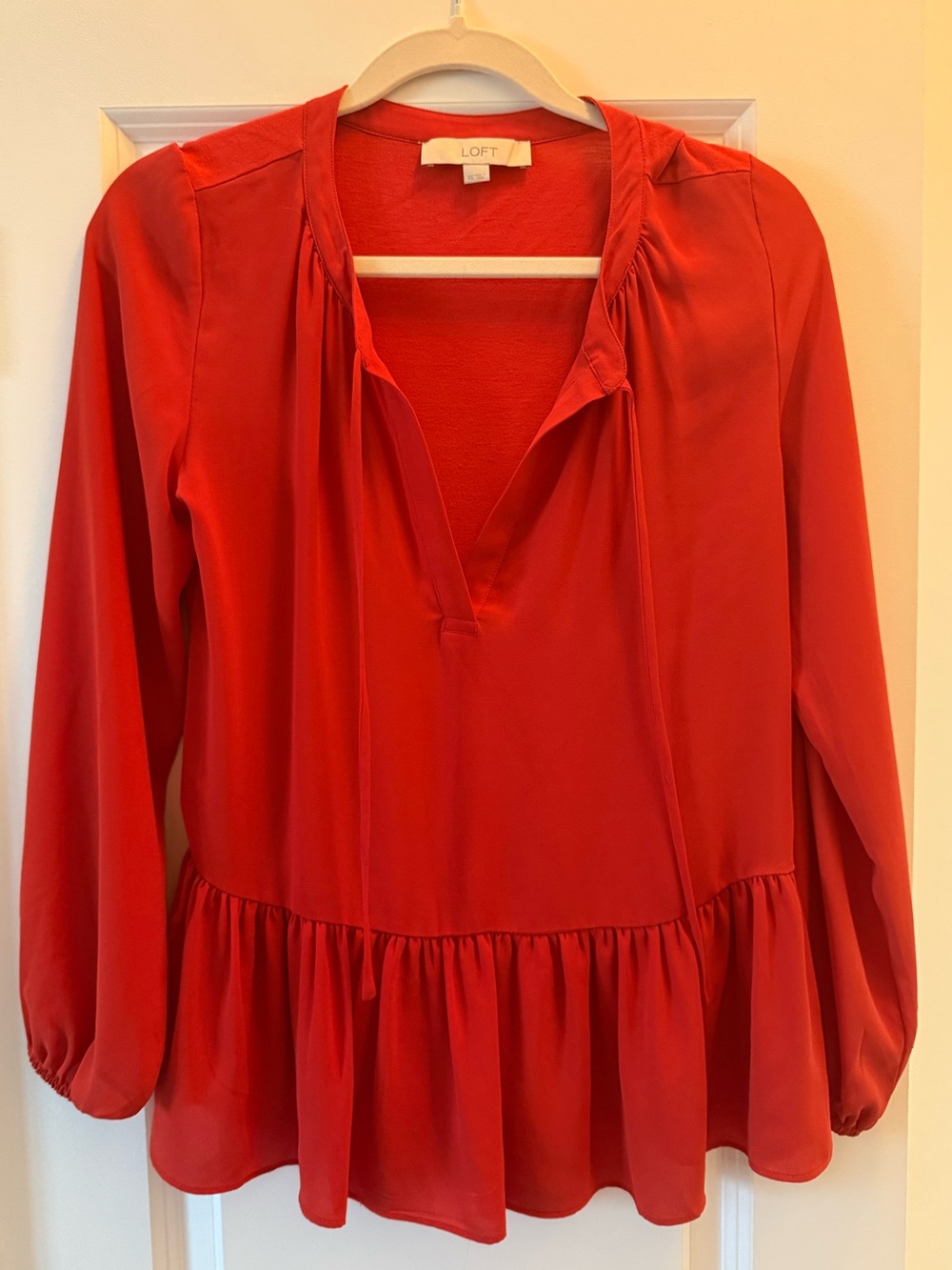 LOFT Red Peplum V-Neck Long Sleeve Tunic Blouse